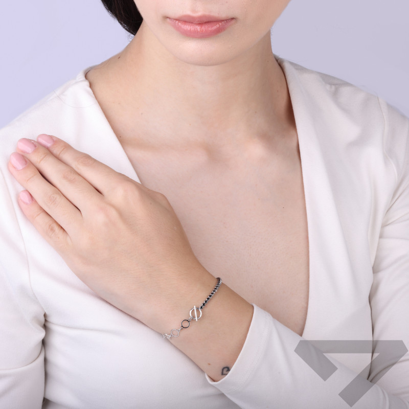 Bransoletka srebrna czarne cyrkonie tennis i kółka ramka próba 925