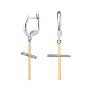 Kolczyki srebrne wiszące z krzyżem z cyrkoniami i blaszką ze złota 375