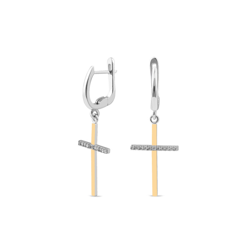 Kolczyki srebrne wiszące z krzyżem z cyrkoniami i blaszką ze złota 375