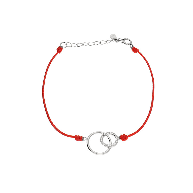 Bransoleta srebrna klanówka z kółkami na czerwonym sznurku