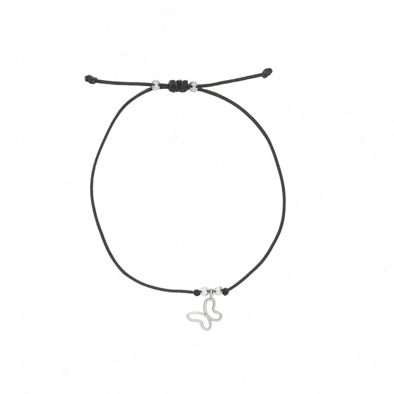 Bransoleta srebrna z motylkiem na czarnym sznurku