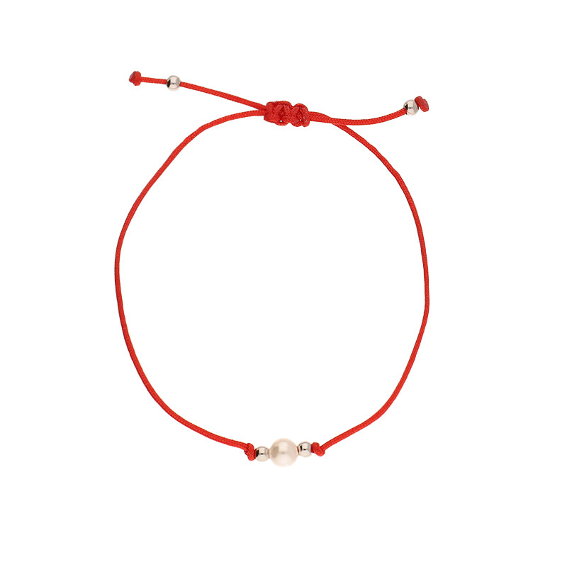 Bransoleta srebrna z białą perłą i kulkami na czerwonym sznurku
