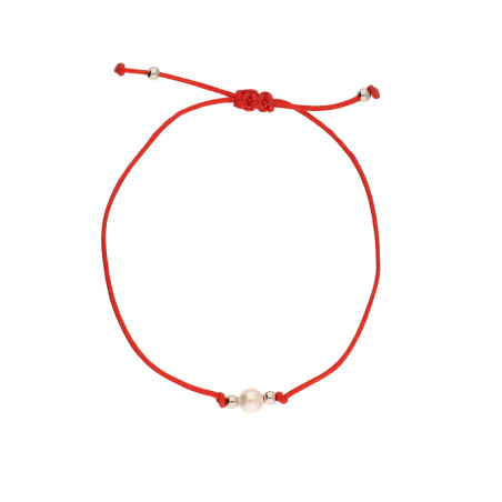 Bransoleta srebrna z białą perłą i kulkami na czerwonym sznurku
