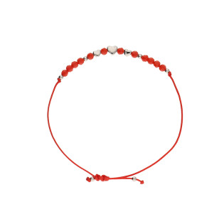 Bransoleta z czerwonymi kulkami fasetowanymi i srebrnymi sercami