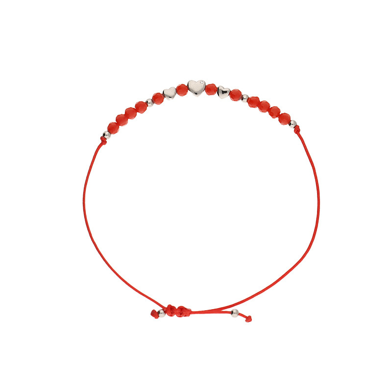 Bransoleta z czerwonymi kulkami fasetowanymi i srebrnymi sercami