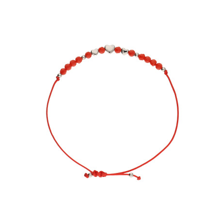 Bransoleta z czerwonymi kulkami fasetowanymi i srebrnymi sercami