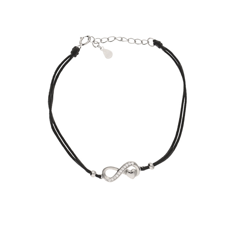 Bransoleta srebrna z nieskończonością cyrkoniami na czarnym sznurku jubilerski