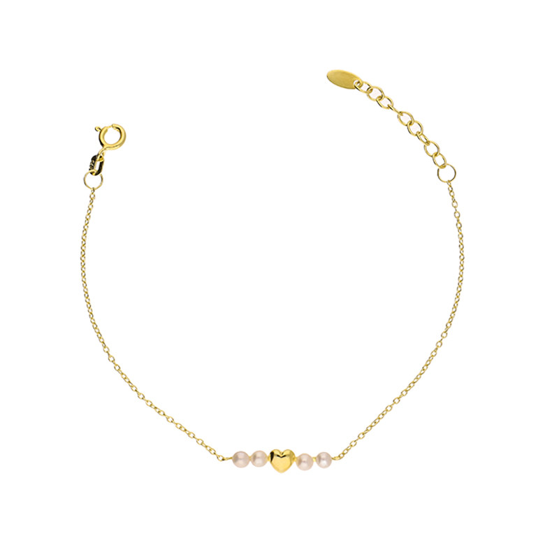 Bransoletka srebrna koloru złotego z gładkim sercem i perełkami