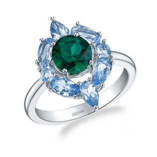 Pierścionek srebrny markiza romb z zielonym kwarcem i spinelami