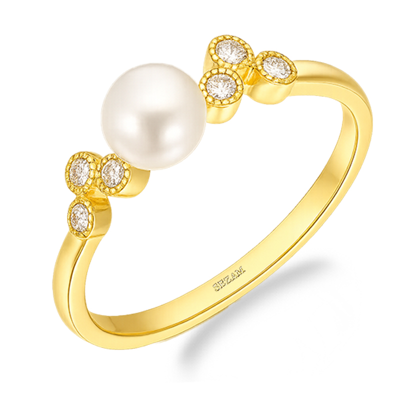 Pierścionek srebrny koloru złotego z cyrkoniami i perłą