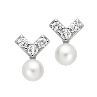 Kolczyki srebrne wzór V z cyrkoniami i perłą
