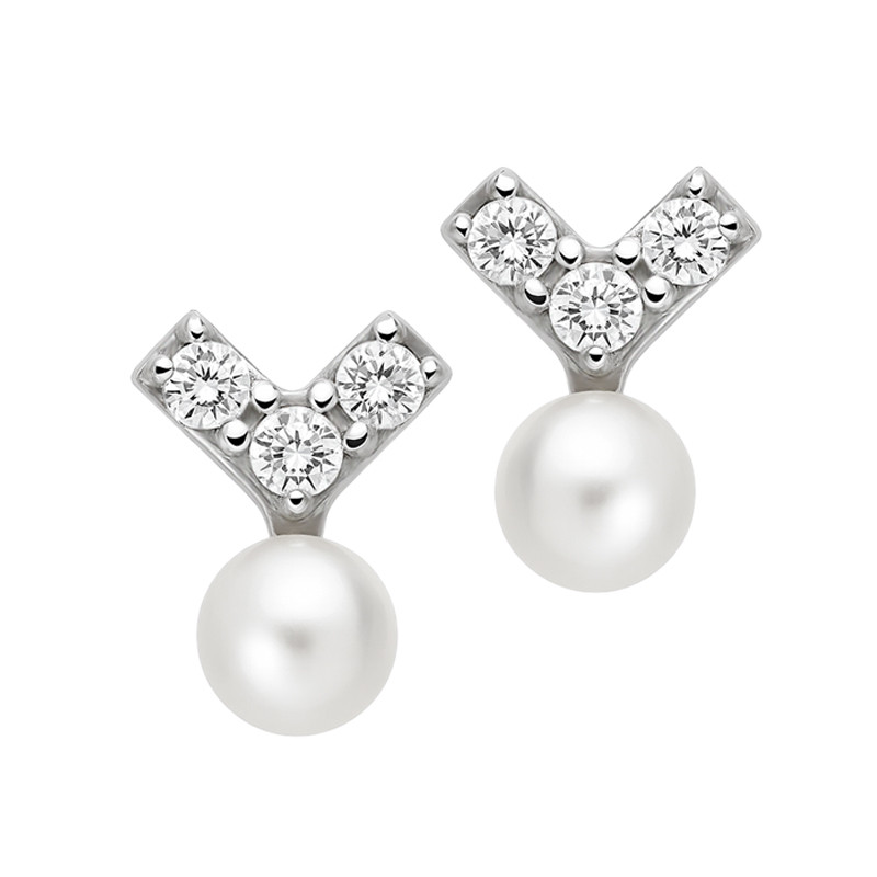 Kolczyki srebrne wzór V z cyrkoniami i perłą