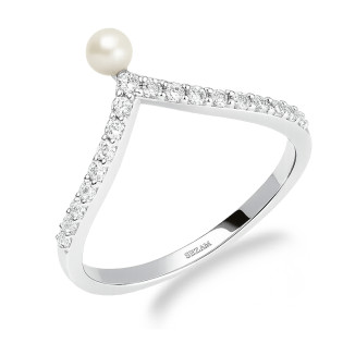 Pierścionek srebrny wzór V z naturalną perłą i cyrkoniami