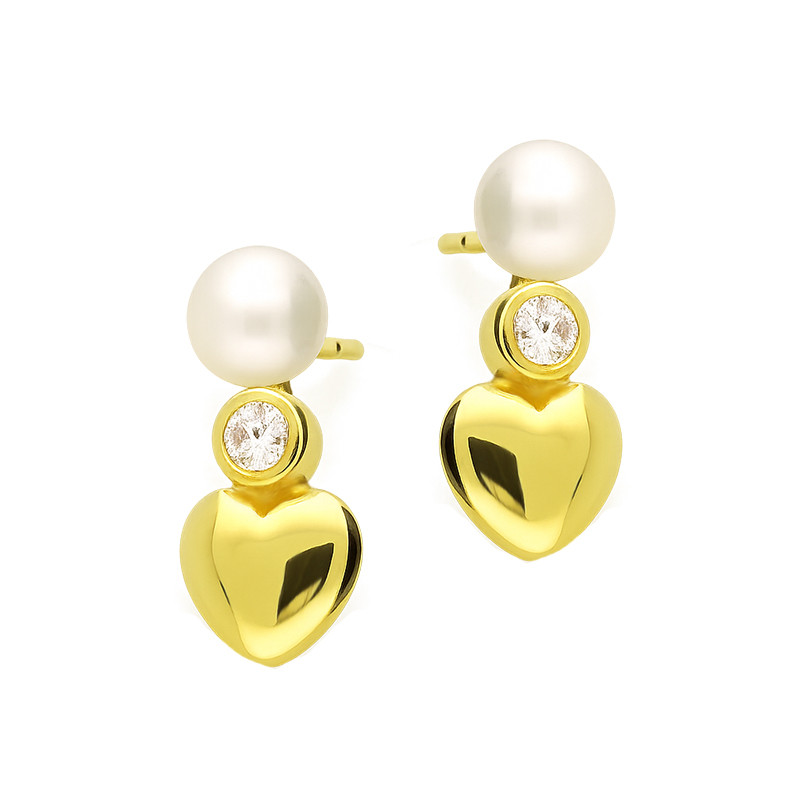 Kolczyki srebrne koloru złotego perła cyrkonia i gładkie serce