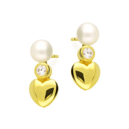 Kolczyki srebrne koloru złotego perła cyrkonia i gładkie serce