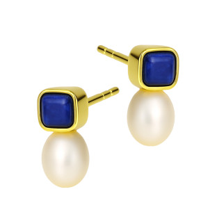 Kolczyki srebrne koloru złotego z perłami i lapis lazuli