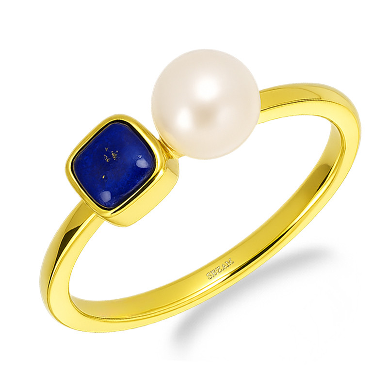 Pierścionek srebrny koloru złotego z naturalną perłą i lapis lazuli