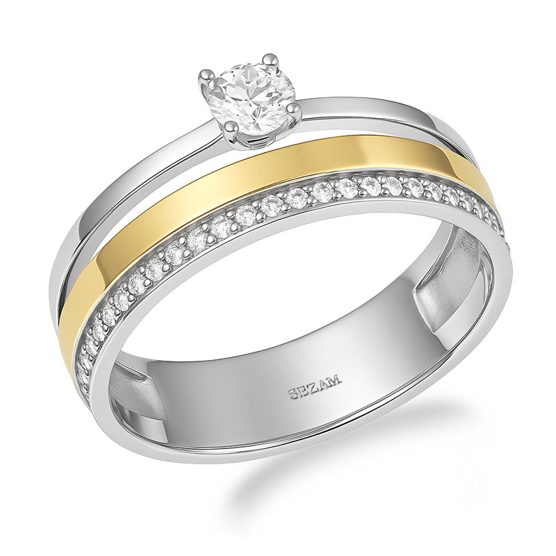 Pierścionek srebrny z rzędem cyrkonii i złotą blaszką