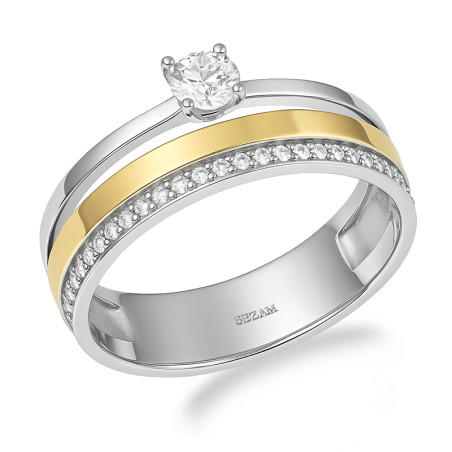 Pierścionek srebrny z rzędem cyrkonii i złotą blaszką