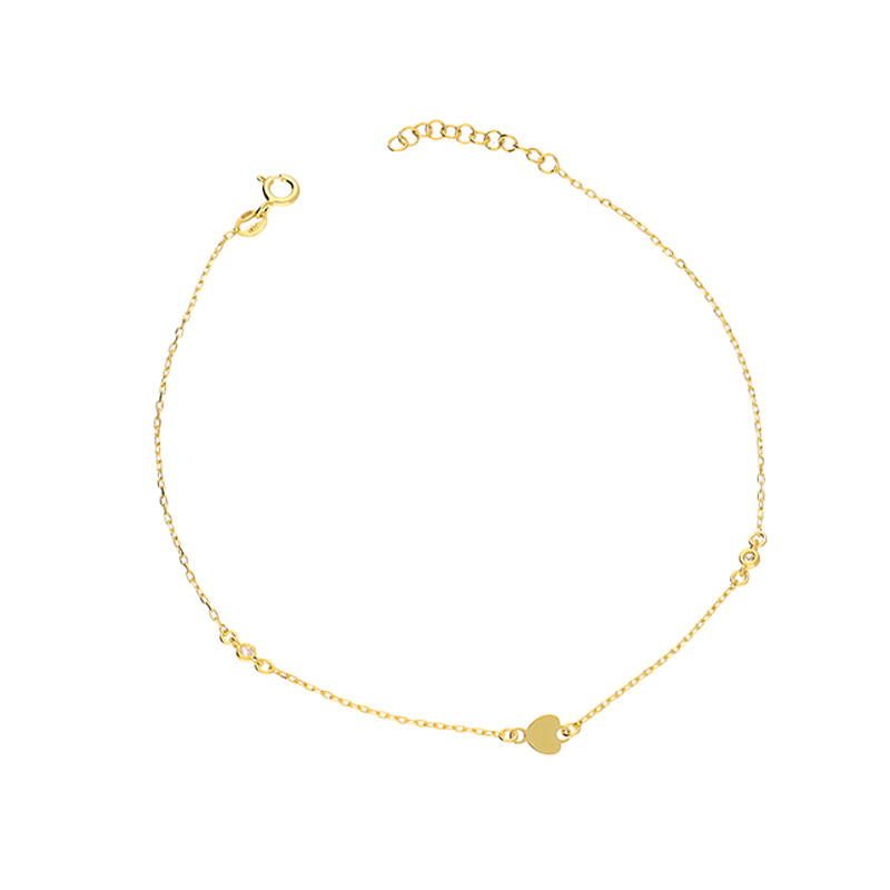 Bransoleta srebrna pozłacana na nogę z sercem i cyrkonią