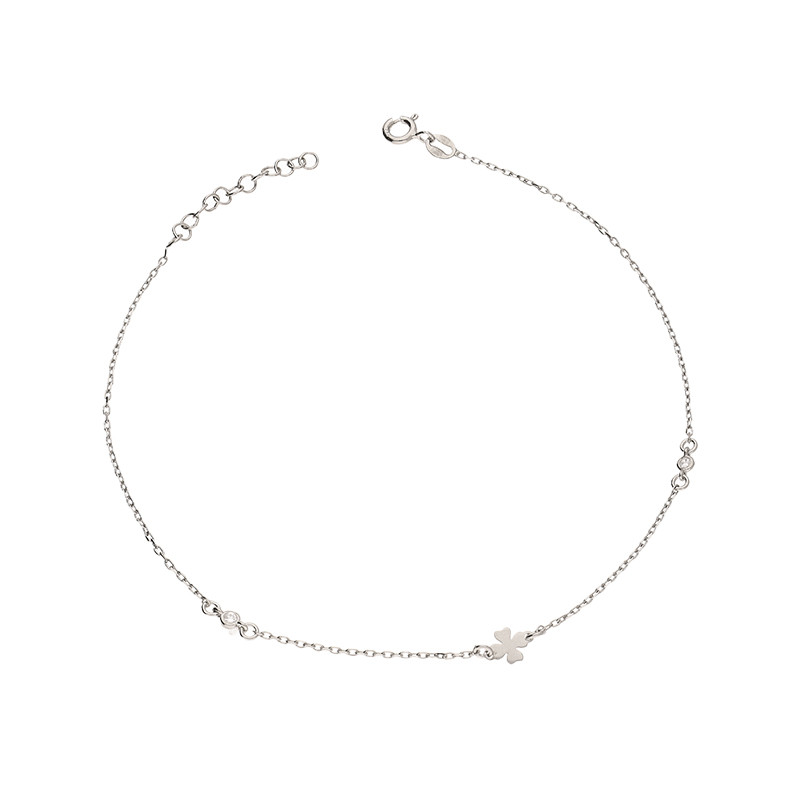 Bransoleta srebrna na nogę z koniczynką i cyrkoniami