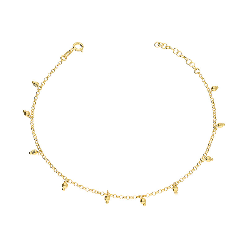 Bransoleta srebrna na nogę koloru złotego wiszące kulki blask i kulki grawer