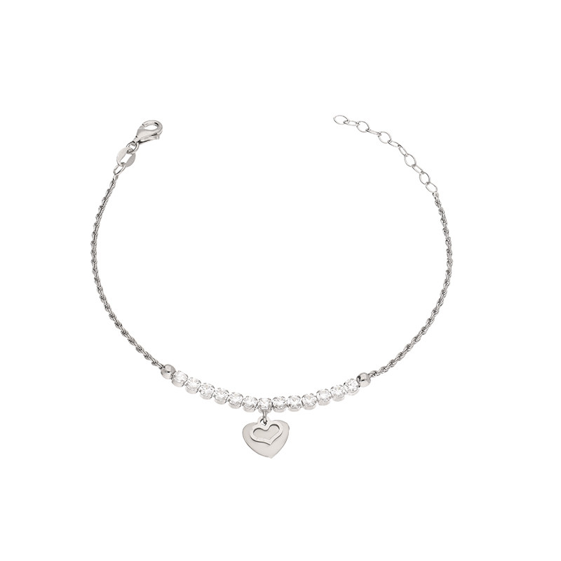 Bransoleta srebrna z wiszącym sercem i cyrkoniami