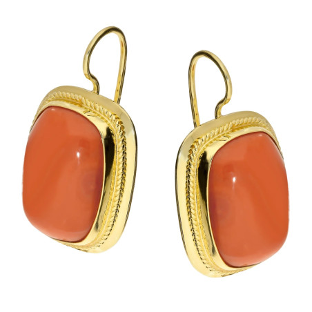 Kolczyki z koralem w prostokątnej oprawie złoto 585