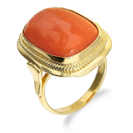 Pierścionek z koralem w prostokątnej oprawie złoto 585