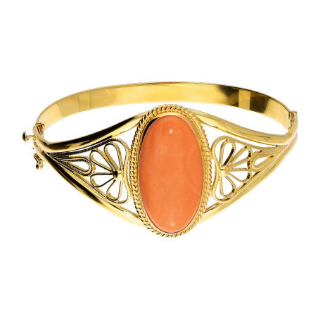 Bransoletka bangle z owalnym koralem i ornamentem złoto 585