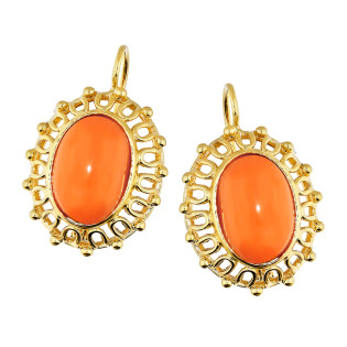 Kolczyki złote z owalnym koralem i falbanką naokoło złoto 585