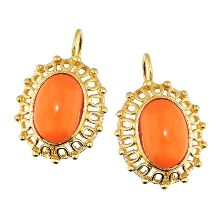 Kolczyki złote z owalnym koralem i falbanką naokoło złoto 585