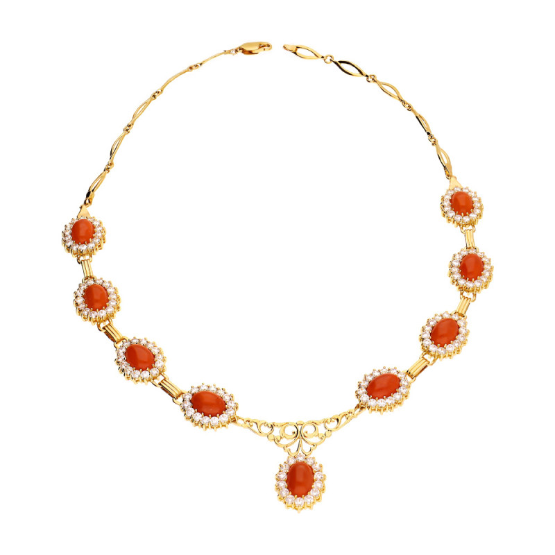 Kolia ze zdobieniami w formie owalnych Markiz z koralami złoto 585