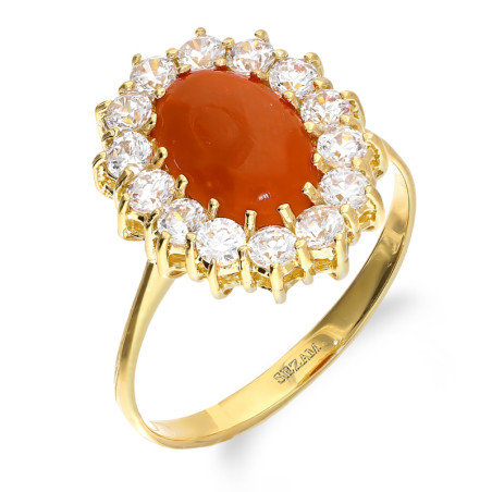 Pierścionek wzór typu Markiza z koralem i cyrkoniami złoto 585