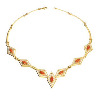 Naszyjnik złoty romby z koralami i cyrkoniami