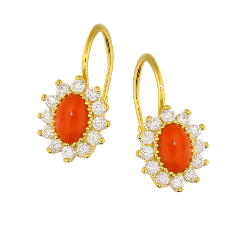 Kolczyki złote z koralami markiza owal z cyrkoniami naokoło