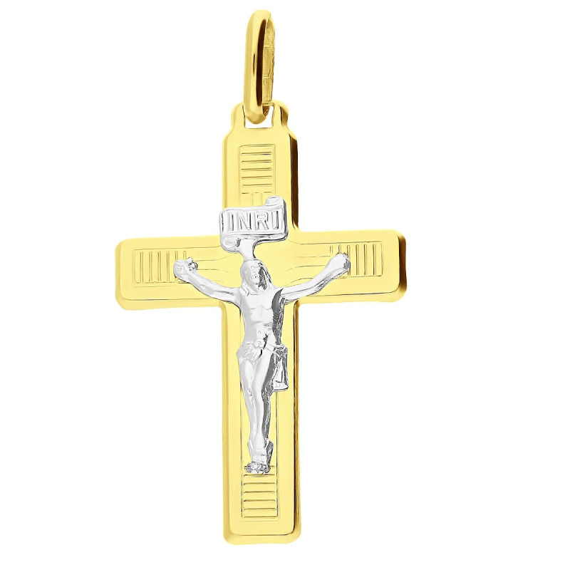 Krzyżyk złoty z Wizerunkiem ramiona kwadratowe dwa kolory próba 585