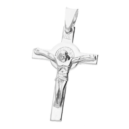 Krzyżyk srebrny rodowany Benedyktyński z wizerunkiem Pana Jezusa próba 925
