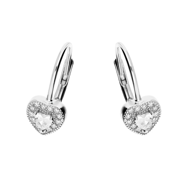 Kolczyki srebrne rodowane z motywem markizy i białą cyrkonią w kształcie serca próba 925