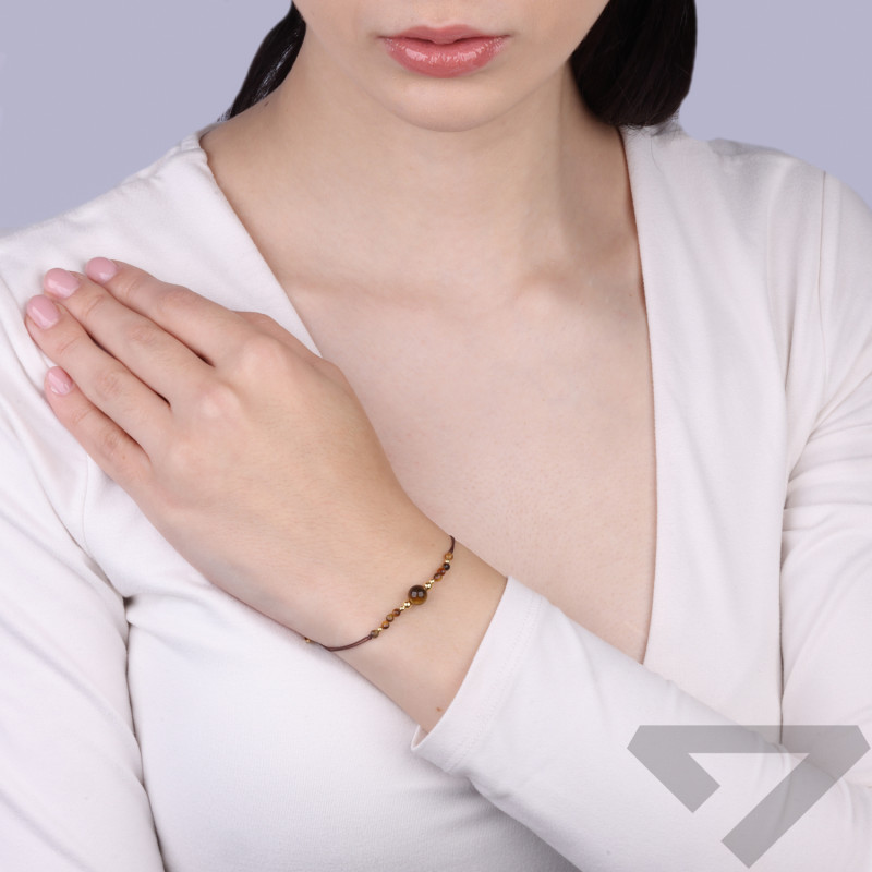 Bransoletka sznurkowa brązowa z tygrysim okiem – talizman ochrony i wewnętrznej siły, kulki srebro 925