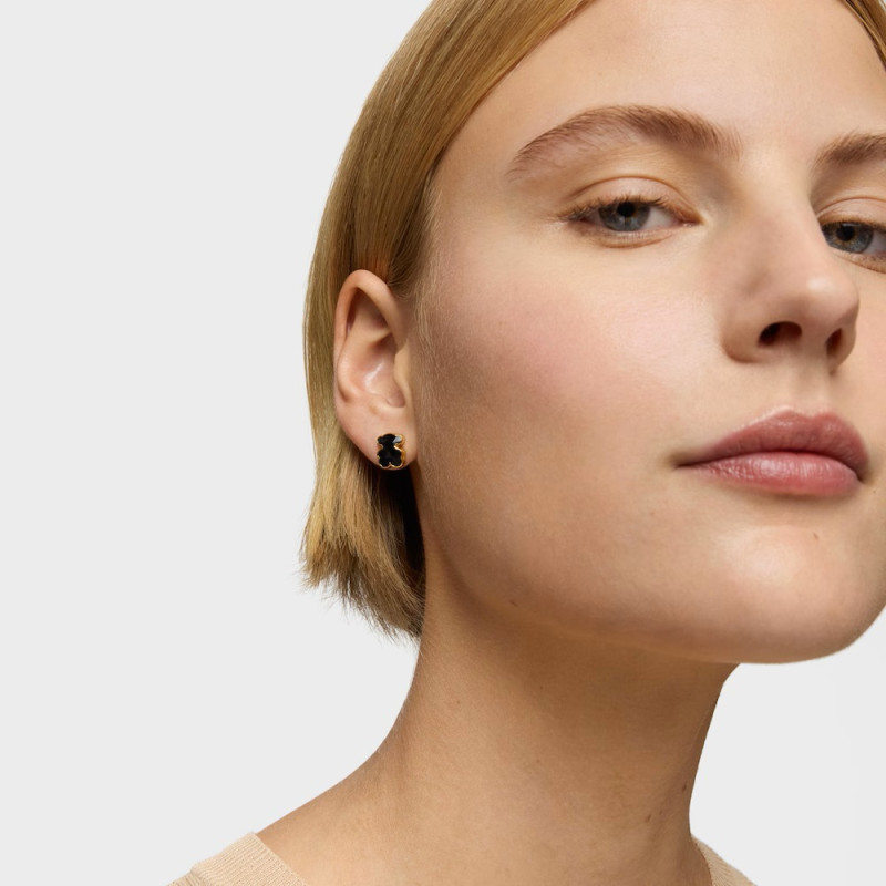 Kolczyki 10 mm ze srebra pokrytego 18-karatowym złotem, z misiem z onyksu TOUS Icon Color