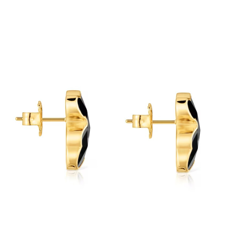 Kolczyki 16 mm ze srebra pokrytego 18-karatowym złotem, z misiem z onyksu TOUS Icon Color