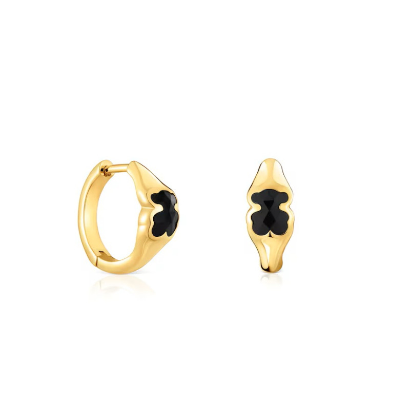 Kolczyki kreolki 10 mm ze srebra pokrytego 18-karatowym złotem, z motywem misia z onyksu TOUS Icon Color
