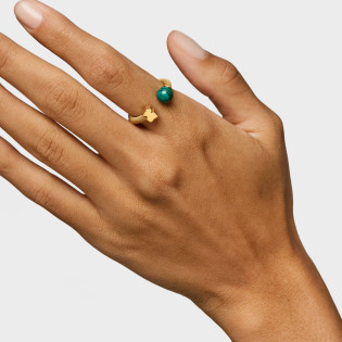 Pierścionek otwarty złotego koloru ze stali z malachitem Icon Mesh