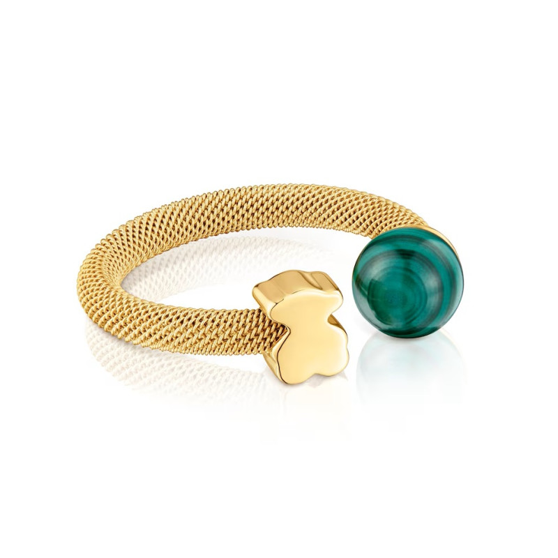 Pierścionek otwarty złotego koloru ze stali z malachitem Icon Mesh