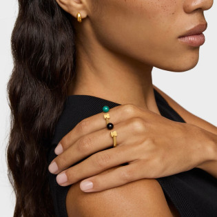 Pierścionek otwarty złotego koloru ze stali z malachitem Icon Mesh