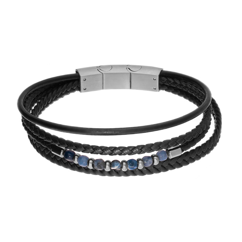 Męska Bransoleta Skórzana z Niebieskimi Kulami - JubilerSezam.pl