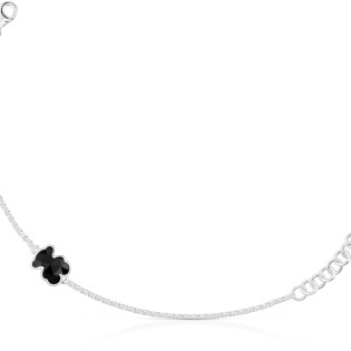 Bransoletka z łańcuszka ze srebra, z onyksowym charmsem w kształcie misia TOUS Icon Color