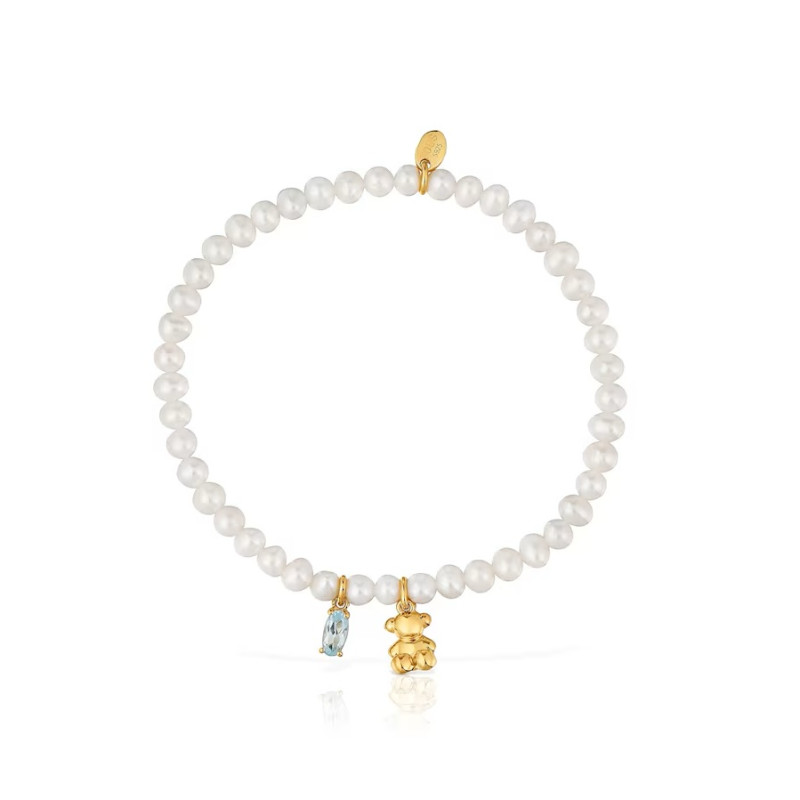 Elastyczna pozłacana bransoletka TOUS Bold Bear ze srebra, z perłą hodowlaną i topazem