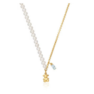 Krótki pozłacany srebrny naszyjnik TOUS Bold Bear z motywem misia, z perłami hodowlanymi i topazem